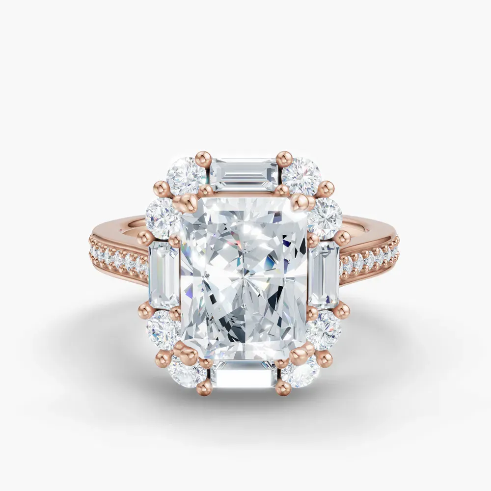 Certified 2 carat Lab Grown Diamond Radiant Cut Halo, Art Deco, Cathedral Engagement Ring in 14K Rose Gold-Crysle