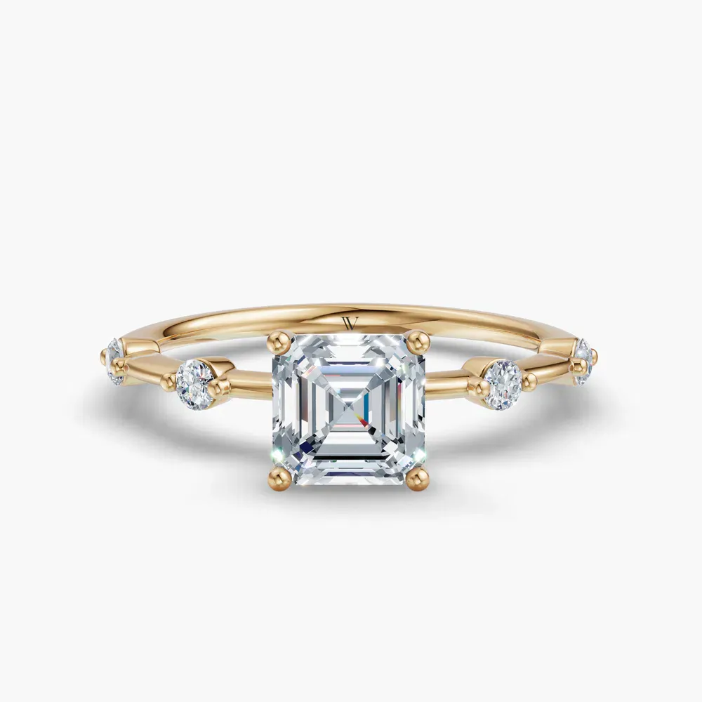 Certified 1 carat Lab Grown Diamond Asscher Cut Low profile, Side Stone Engagement Ring in 14K Yellow Gold-Hriw