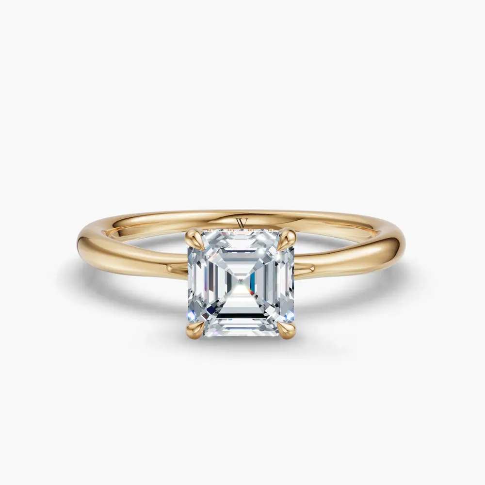 Certified 1 carat Lab Grown Diamond Asscher Cut Hidden Halo, Solitaire, Low profile Engagement Ring in 14K Yellow Gold-Anomis