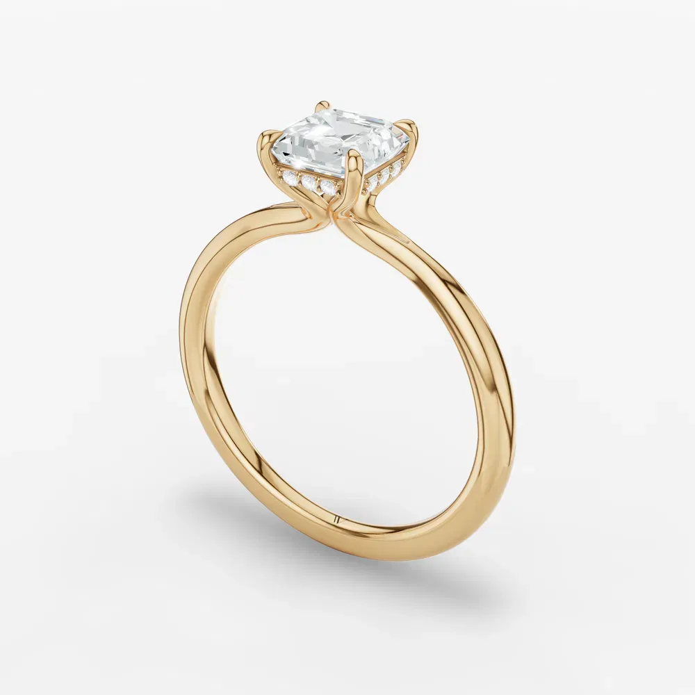 Certified 1 carat Lab Grown Diamond Asscher Cut Hidden Halo, Solitaire, Low profile Engagement Ring in 14K Yellow Gold-Anomis