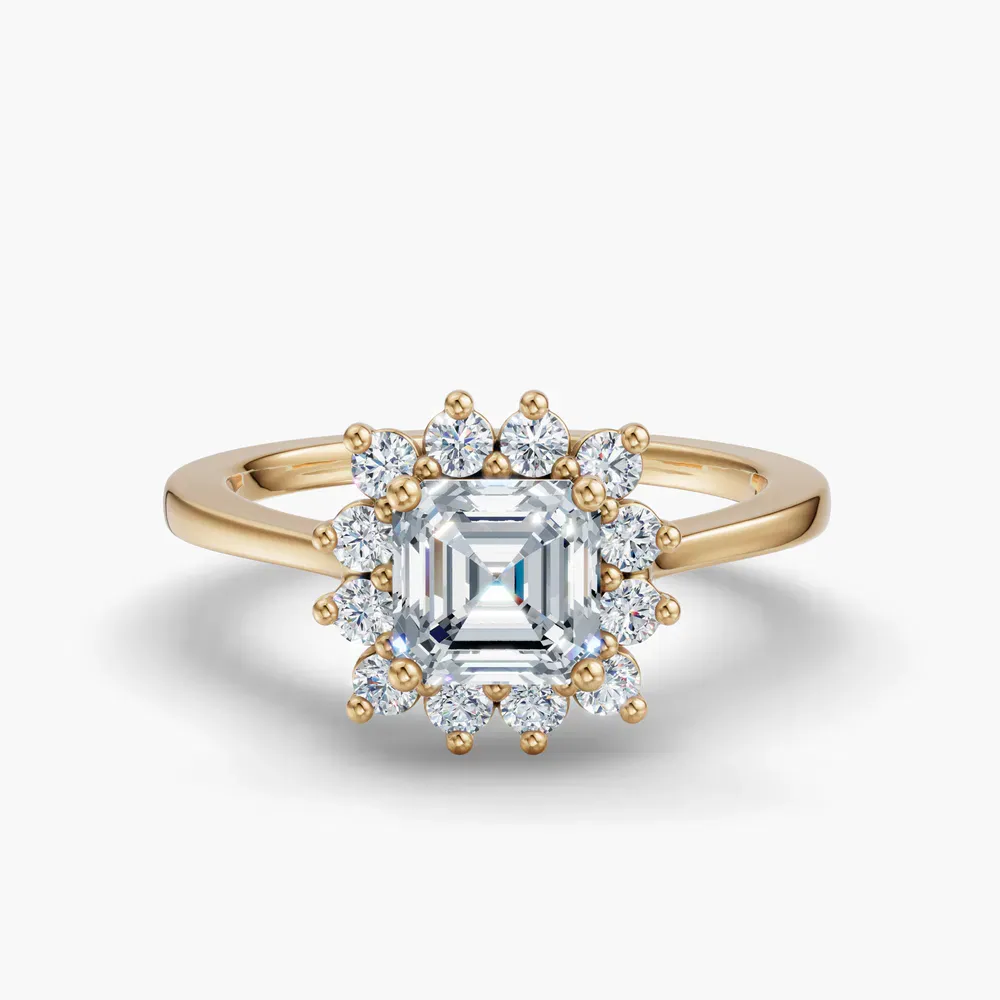 Certified 1 carat Lab Grown Diamond Asscher Cut Cathedral, Halo, Floral Engagement Ring in 14K Yellow Gold-Juncb