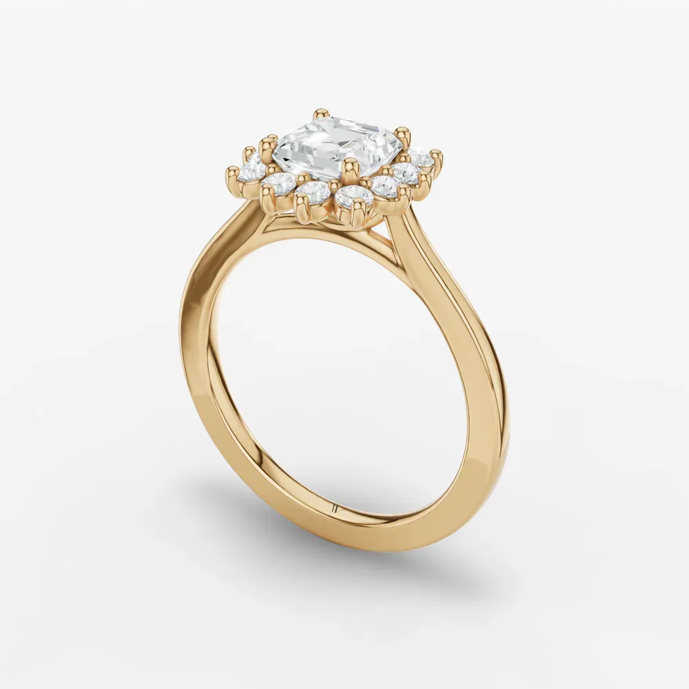 Certified 1 carat Lab Grown Diamond Asscher Cut Cathedral, Halo, Floral Engagement Ring in 14K Yellow Gold-Juncb
