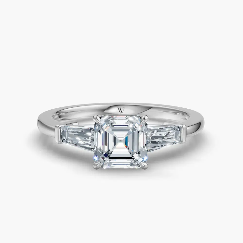 Certified 1 carat Lab Grown Diamond Asscher Cut Three Stone, Baguette, Cathedral Engagement Ring in 14K White Gold-Glyss