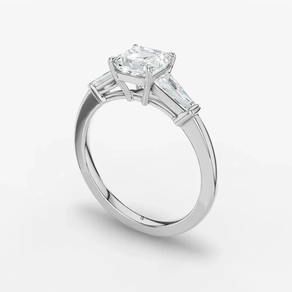 Certified 1 carat Lab Grown Diamond Asscher Cut Three Stone, Baguette, Cathedral Engagement Ring in 14K White Gold-Glyss