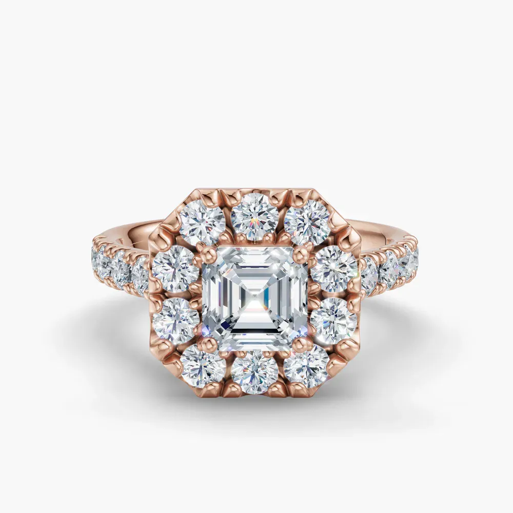 Certified 1 carat Lab Grown Diamond Asscher Cut Halo, Pavé, Cathedral Engagement Ring in 14K Rose Gold-Astrid