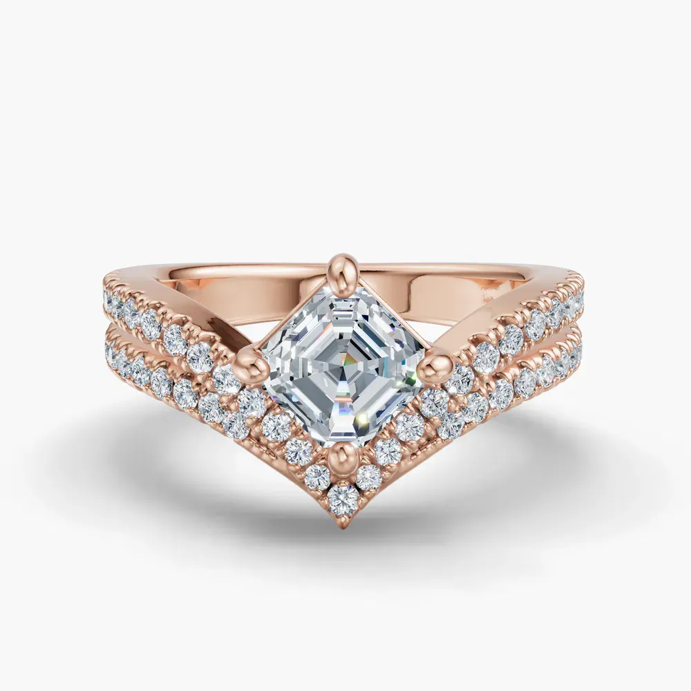 Certified 1 carat Lab Grown Diamond Asscher Cut Pavé, Unique, Floating Engagement Ring in 14K Rose Gold-Soli
