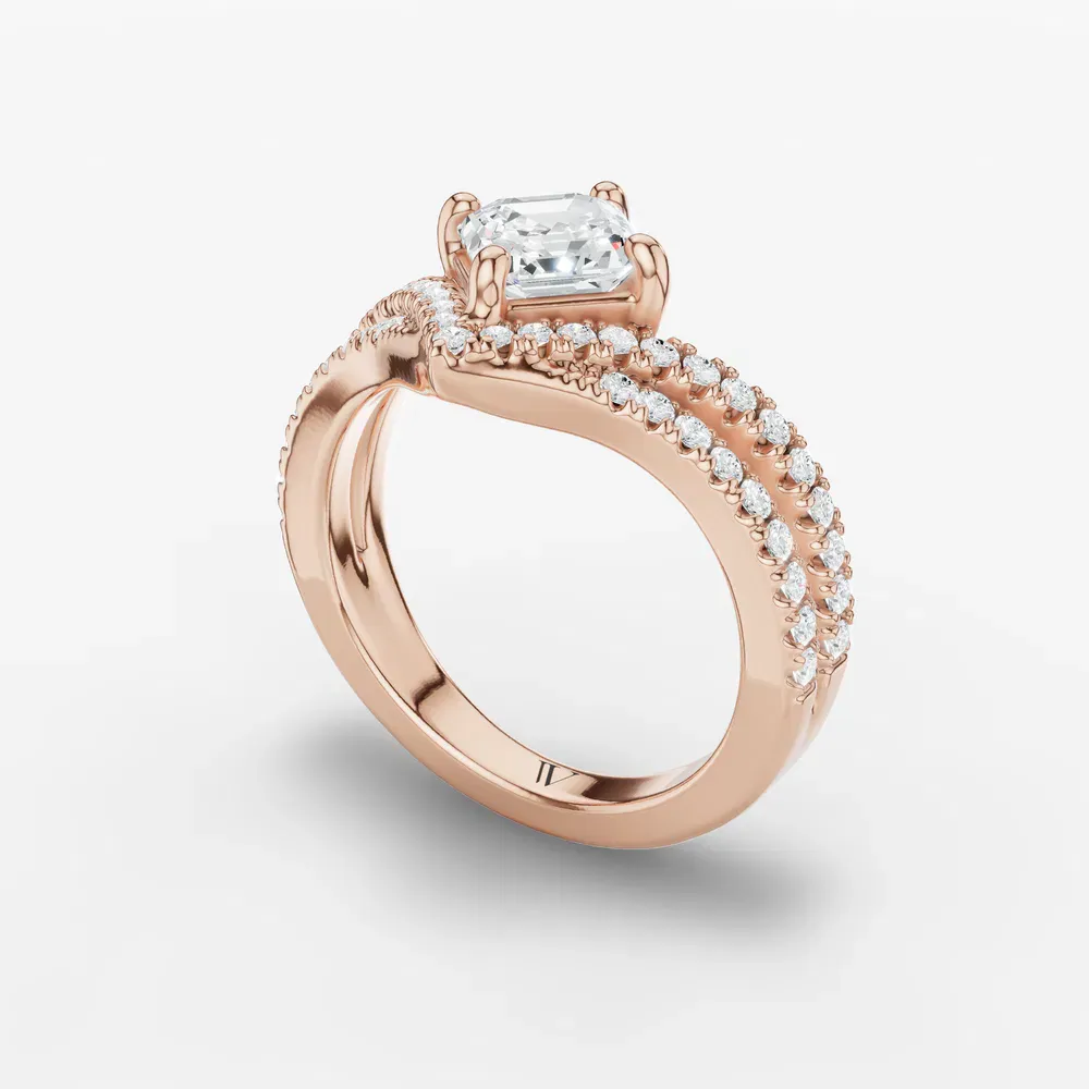 Certified 1 carat Lab Grown Diamond Asscher Cut Pavé, Unique, Floating Engagement Ring in 14K Rose Gold-Soli
