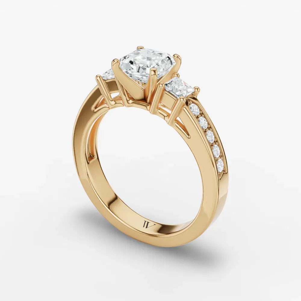 Certified 1 carat Lab Grown Diamond Asscher Cut Three Stone, Pavé, Channel Set Engagement Ring in 14K Yellow Gold-Velis