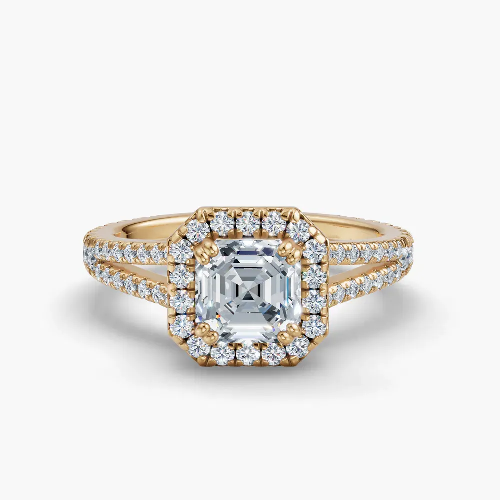 Certified 1 carat Lab Grown Diamond Asscher Cut Pavé, Halo, Cathedral Engagement Ring in 14K Yellow Gold-Gexis