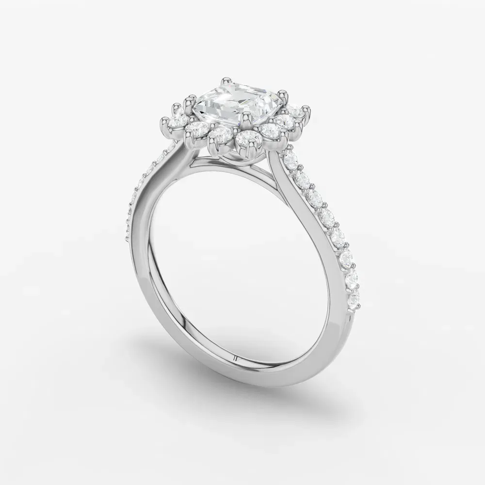 Certified 1 carat Lab Grown Diamond Asscher Cut Pavé, Halo, Floral Engagement Ring in 14K White Gold-Elite Juniper