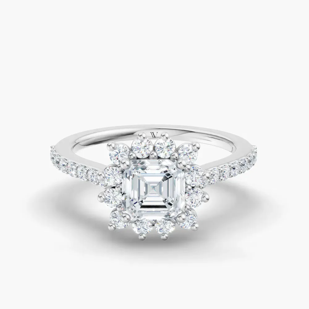 Certified 1 carat Lab Grown Diamond Asscher Cut Pavé, Halo, Floral Engagement Ring in 14K White Gold-Elite Juniper