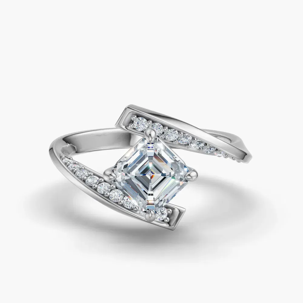 Certified 1 carat Lab Grown Diamond Asscher Cut Modern, Unique, Pavé Engagement Ring in 14K White Gold-Lirene