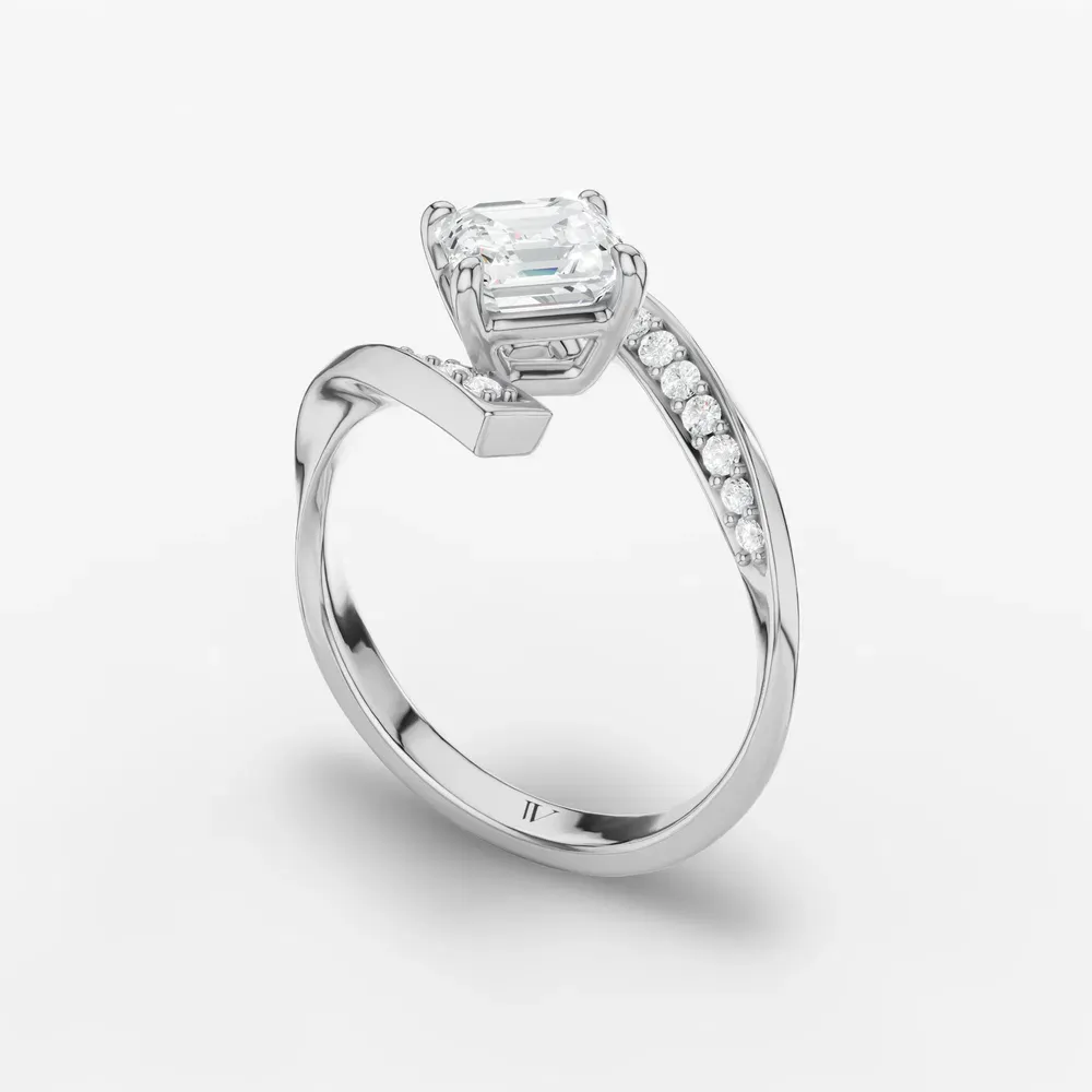 Certified 1 carat Lab Grown Diamond Asscher Cut Modern, Unique, Pavé Engagement Ring in 14K White Gold-Lirene