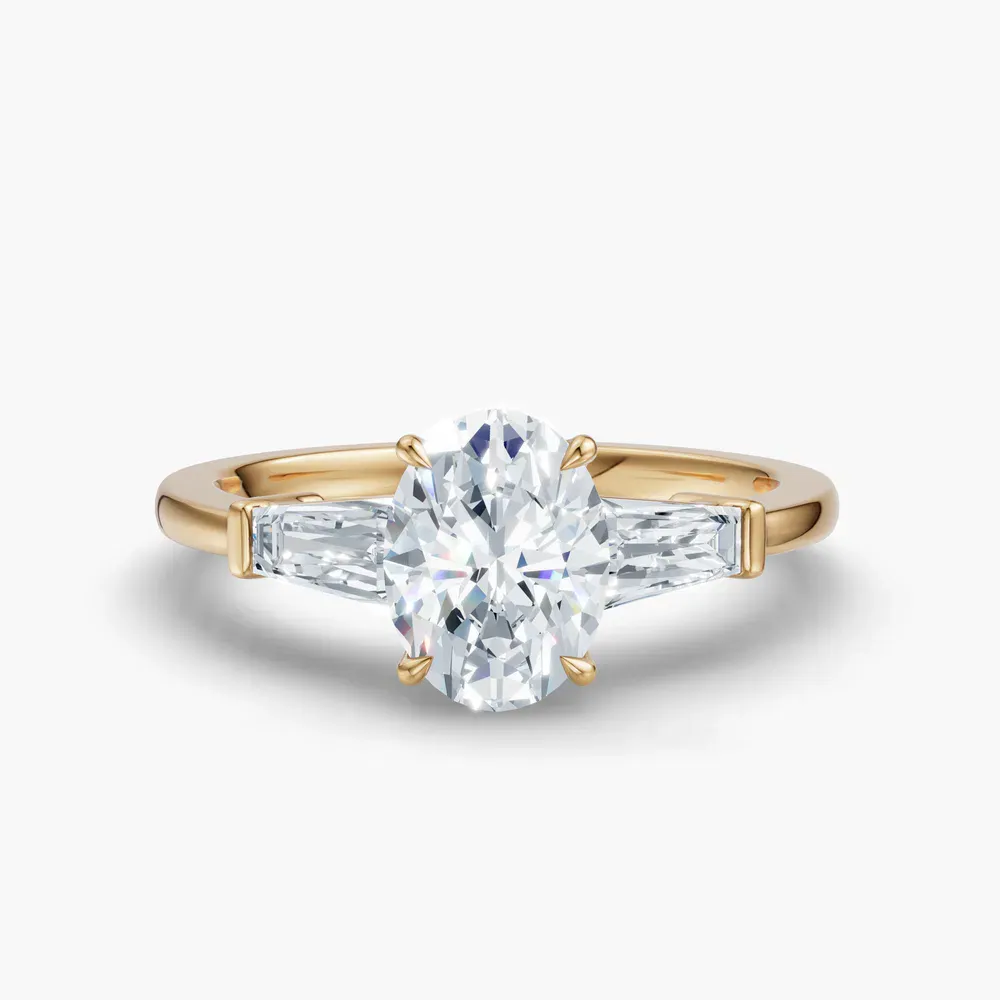 Certified 1 carat Lab Grown Diamond Oval Cut Three Stone, Baguette, Cathedral Engagement Ring in 14K Yellow Gold-Glyss