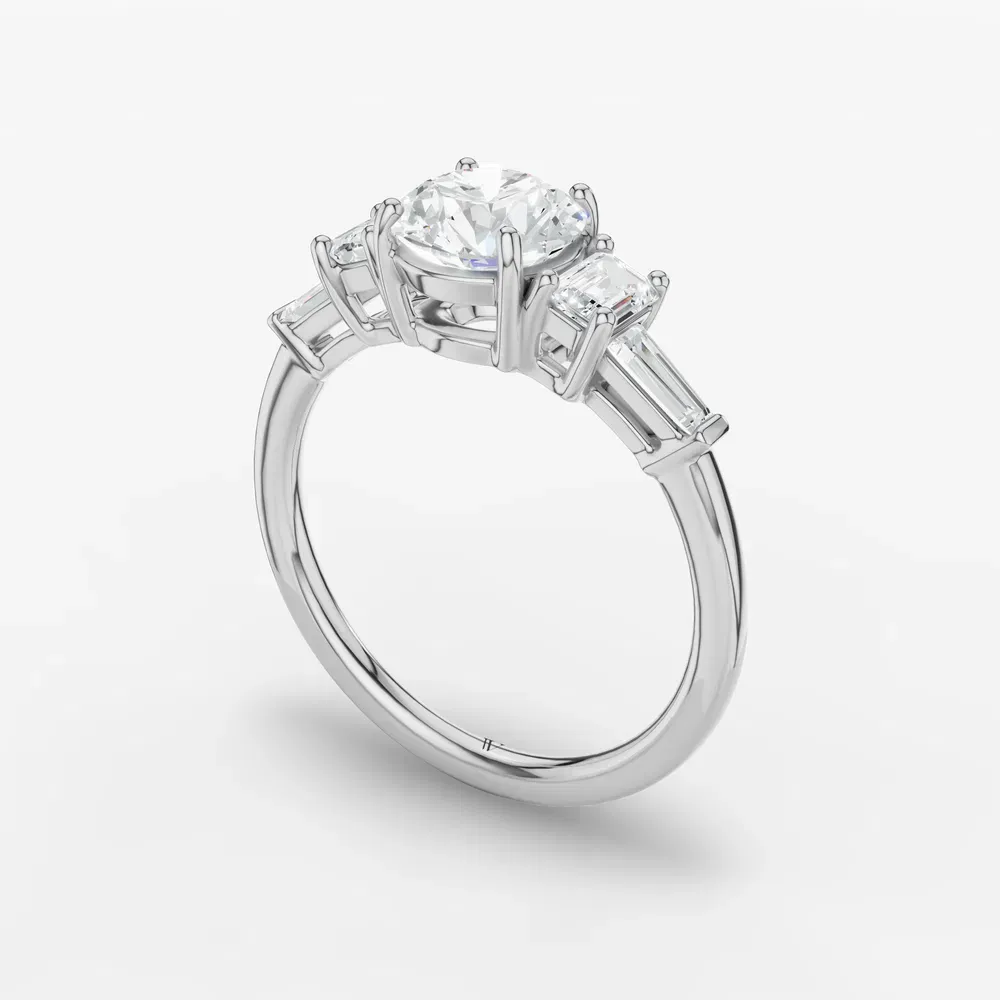 Certified 1 carat Lab Grown Diamond Round Cut Five Stone, Baguette, Art Deco Engagement Ring in 14K White Gold-Olume