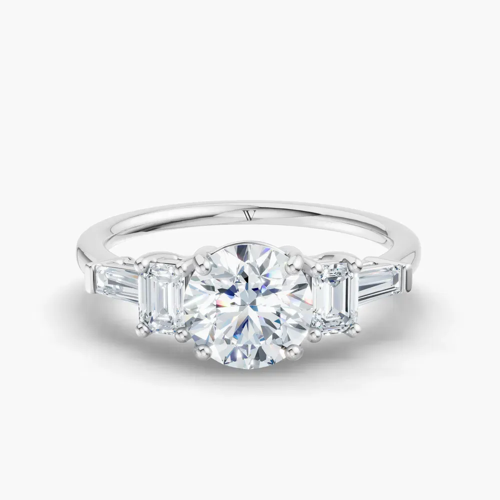 Certified 1 carat Lab Grown Diamond Round Cut Five Stone, Baguette, Art Deco Engagement Ring in 14K White Gold-Olume