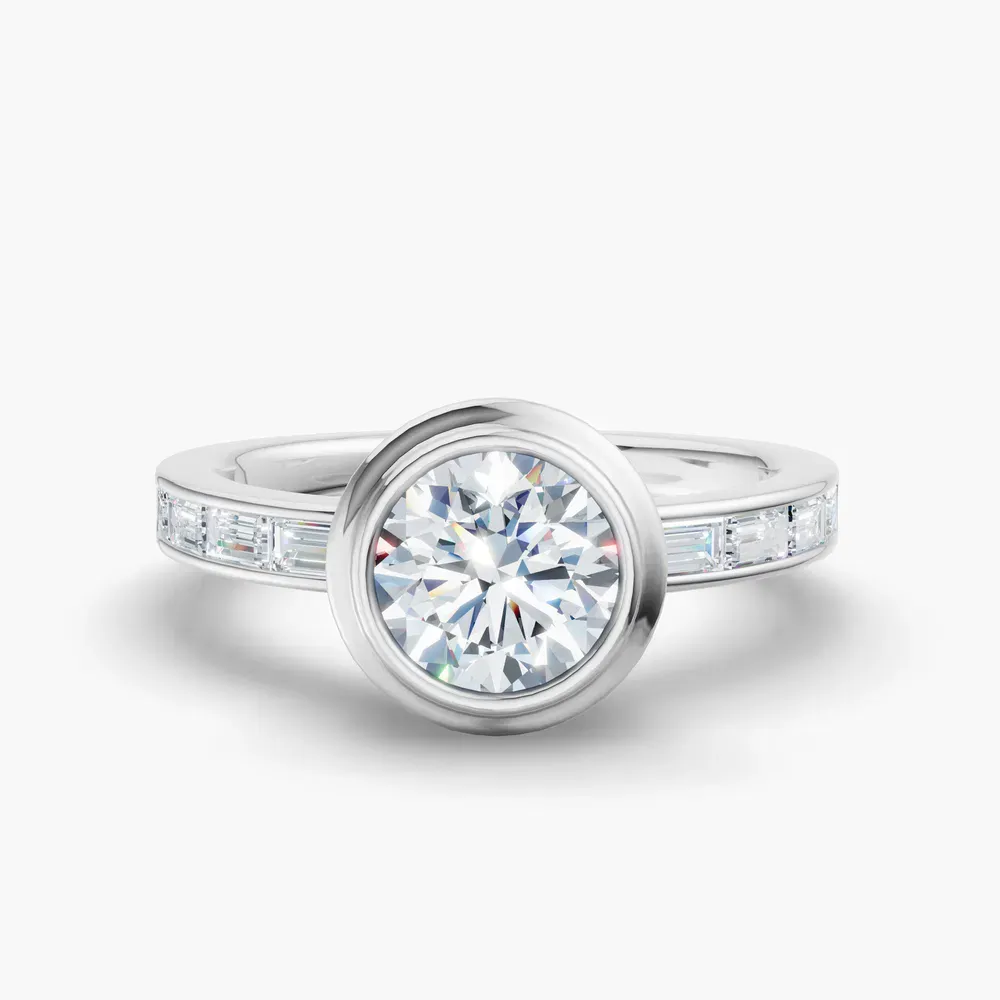 Certified 1 carat Lab Grown Diamond Round Cut Bezel, Channel Set, Art Deco Engagement Ring in 14K White Gold-Celeste