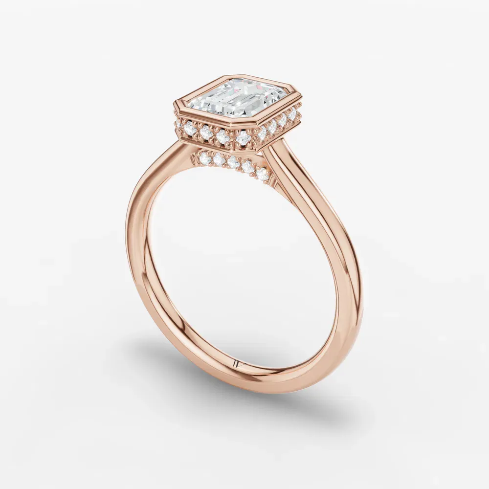 Certified 1 carat Lab Grown Diamond Emerald Cut Bezel, Solitaire, Hidden Halo Engagement Ring in 14K Rose Gold-Nival