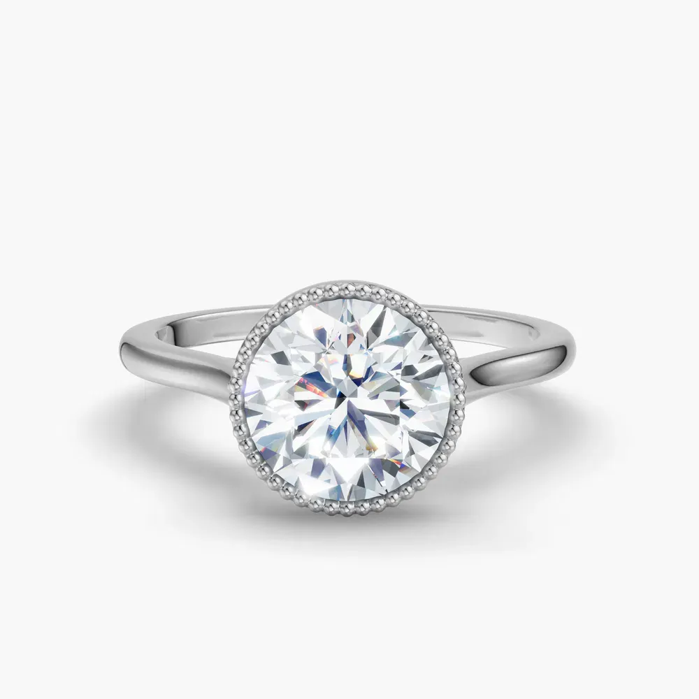 Certified 1 carat Lab Grown Diamond Round Cut Solitaire, Milgrain, Cathedral Engagement Ring in 14K White Gold-Firen