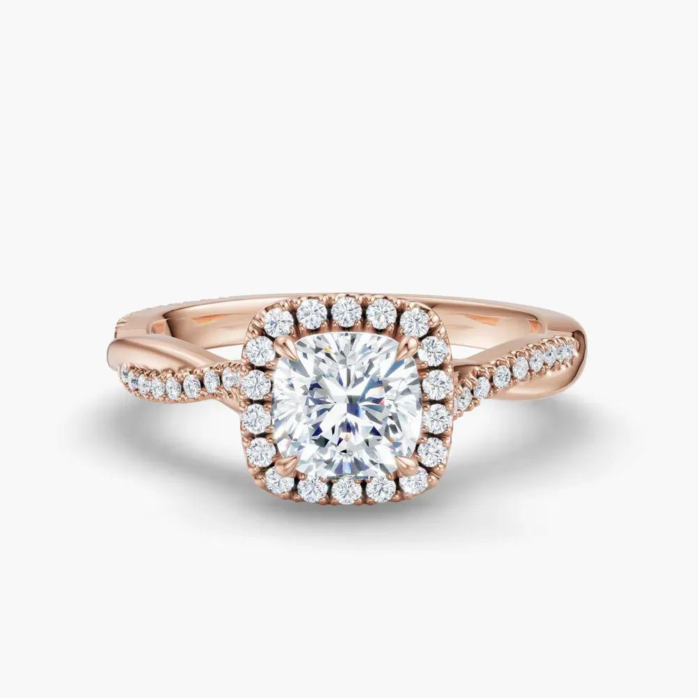 Certified 1 carat Lab Grown Diamond Cushion Cut Twist, Cathedral, Pavé Engagement Ring in 14K Rose Gold-Itic