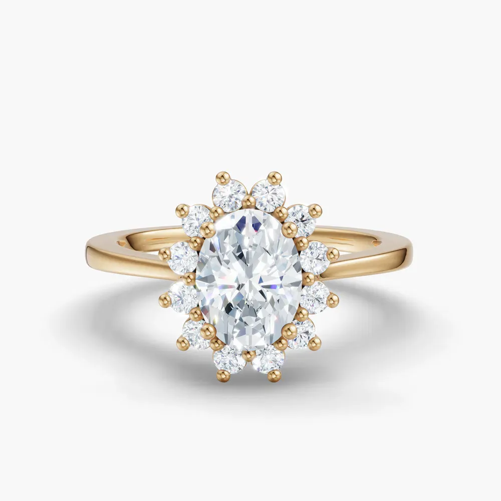 Certified 1 carat Lab Grown Diamond Oval Cut Cathedral, Halo, Floral Engagement Ring in 14K Yellow Gold-Juncb