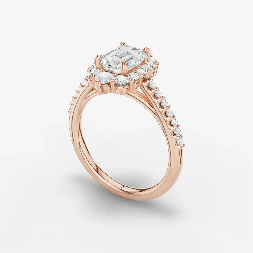Certified 1 carat Lab Grown Diamond Emerald Cut Pavé, Halo, Cathedral Engagement Ring in 14K Rose Gold-Mirey