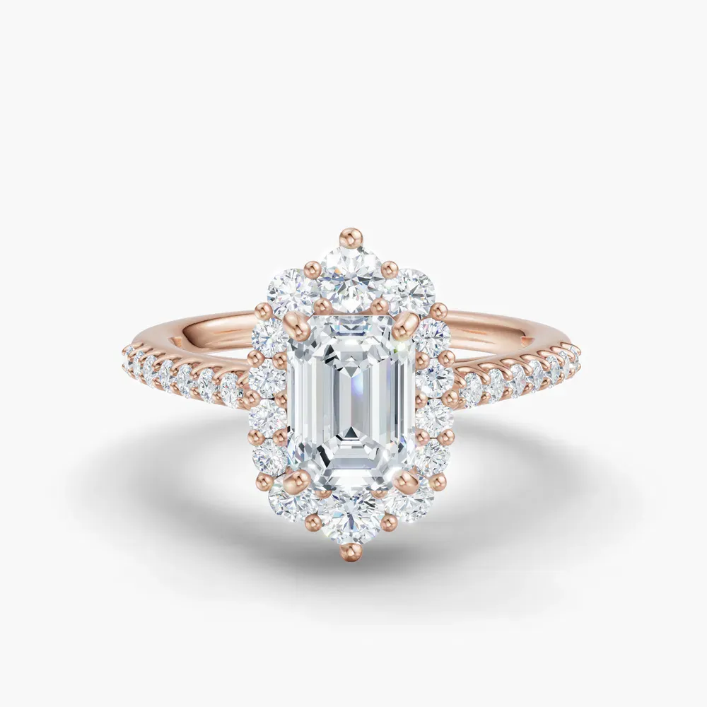 Certified 1 carat Lab Grown Diamond Emerald Cut Pavé, Halo, Cathedral Engagement Ring in 14K Rose Gold-Mirey