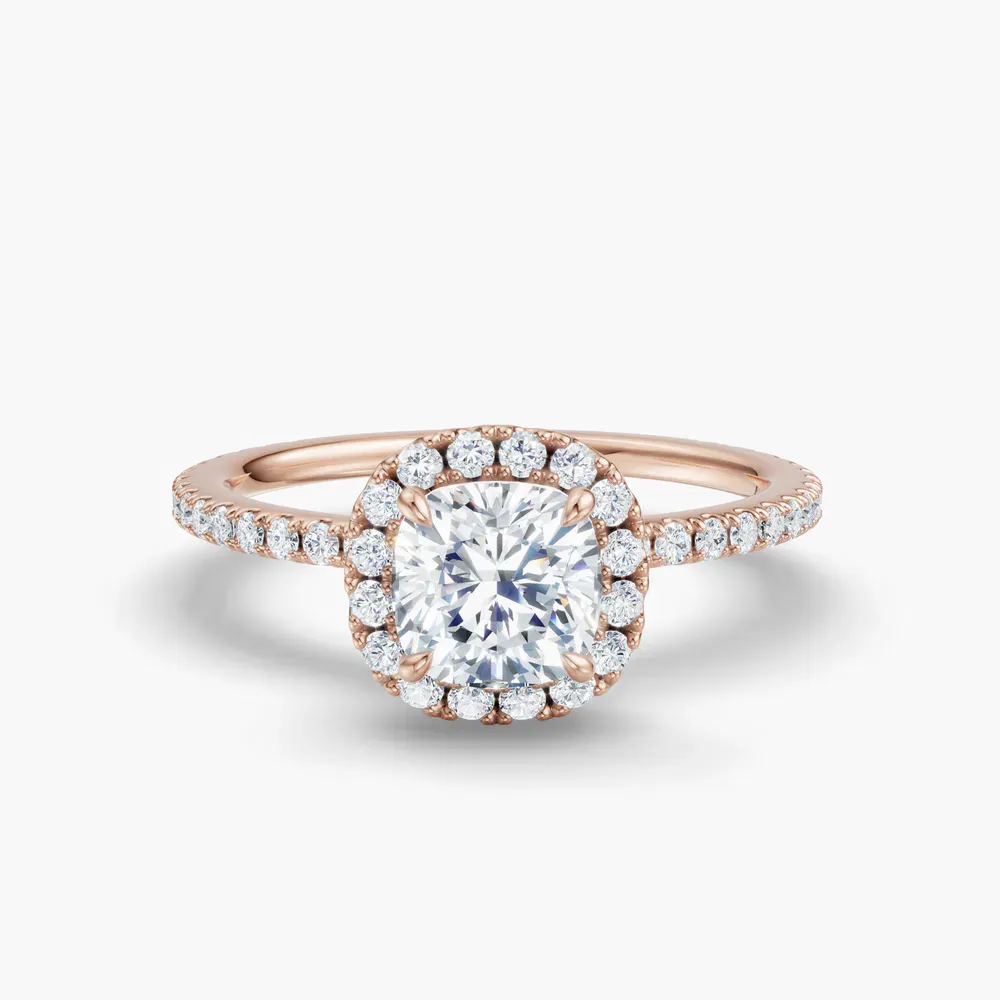Certified 1 carat Lab Grown Diamond Cushion Cut Pavé, Halo, Hidden Halo Engagement Ring in 14K Rose Gold-Jynl
