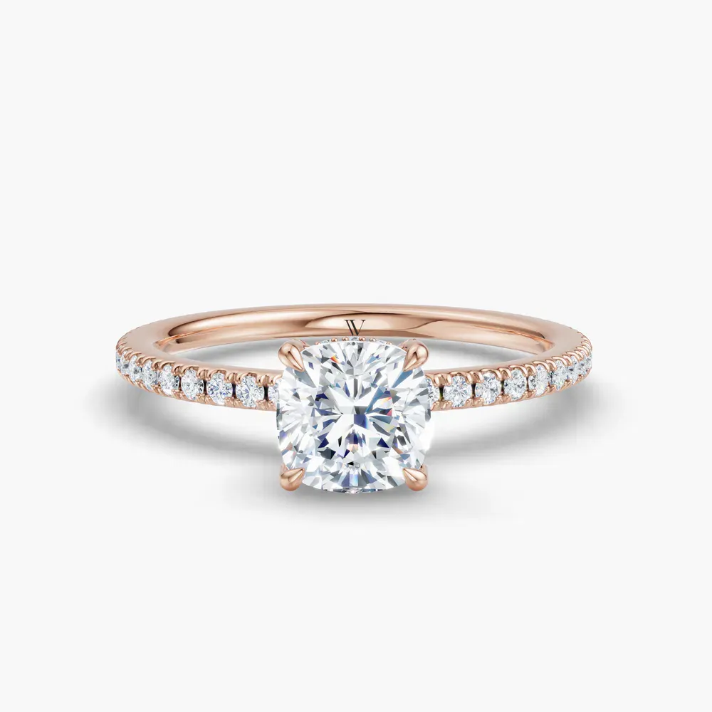 Certified 1 carat Lab Grown Diamond Cushion Cut Pavé, Hidden Halo Engagement Ring in 14K Rose Gold-Orhi