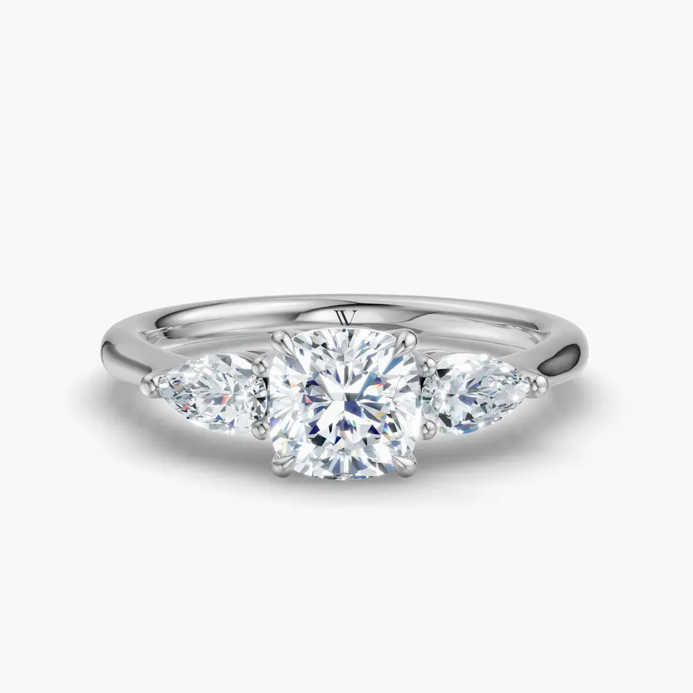 Certified 1 carat Lab Grown Diamond Cushion Cut Three Stone, Side Stone, Low profile Engagement Ring in 14K White Gold-Hailu