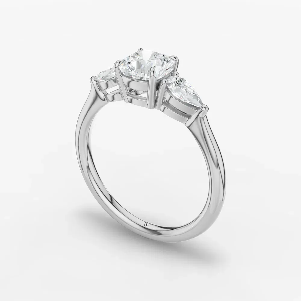 Certified 1 carat Lab Grown Diamond Cushion Cut Three Stone, Side Stone, Low profile Engagement Ring in 14K White Gold-Hailu