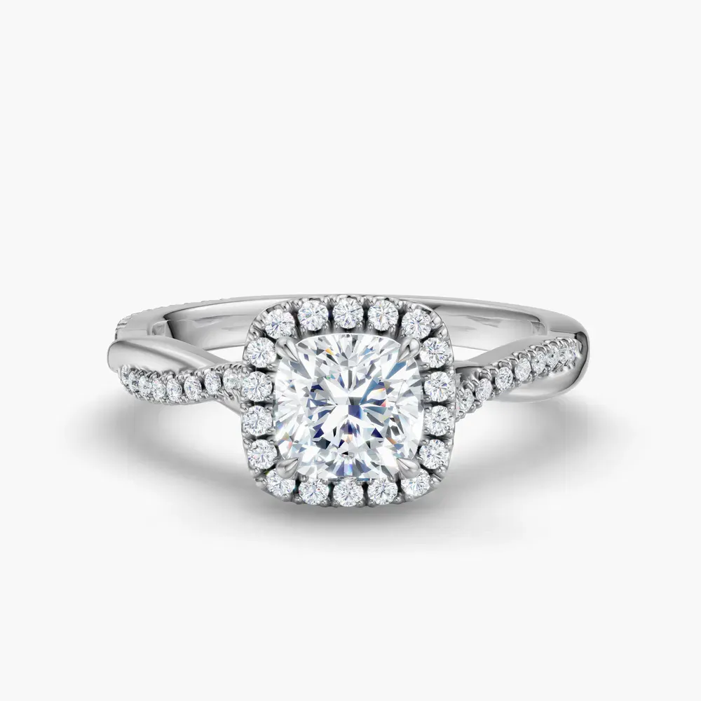 Certified 1 carat Lab Grown Diamond Cushion Cut Twist, Cathedral, Pavé Engagement Ring in 14K White Gold-Itic