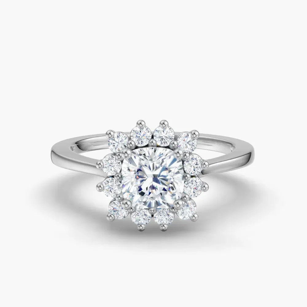 Certified 1 carat Lab Grown Diamond Cushion Cut Cathedral, Halo, Floral Engagement Ring in 14K White Gold-Juncb