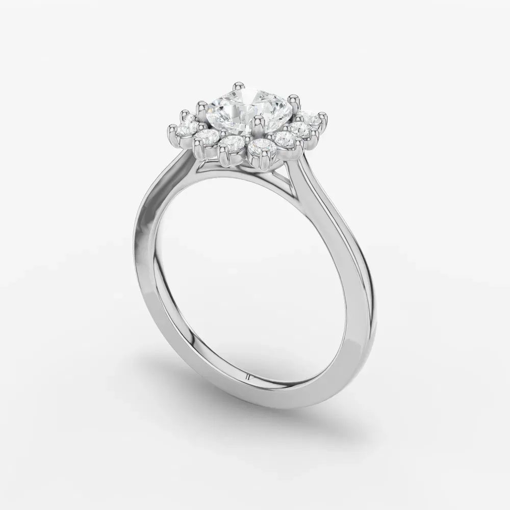 Certified 1 carat Lab Grown Diamond Cushion Cut Cathedral, Halo, Floral Engagement Ring in 14K White Gold-Juncb