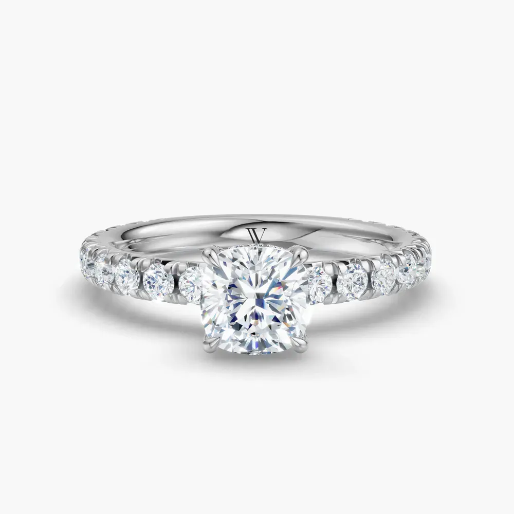 Certified 1 carat Lab Grown Diamond Cushion Cut Pavé, Hidden Halo, Low profile Engagement Ring in 14K White Gold-Cyrra