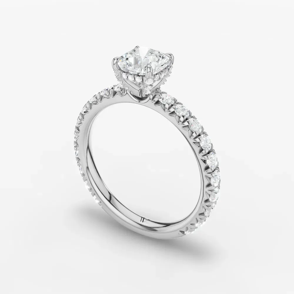Certified 1 carat Lab Grown Diamond Cushion Cut Pavé, Hidden Halo, Low profile Engagement Ring in 14K White Gold-Cyrra