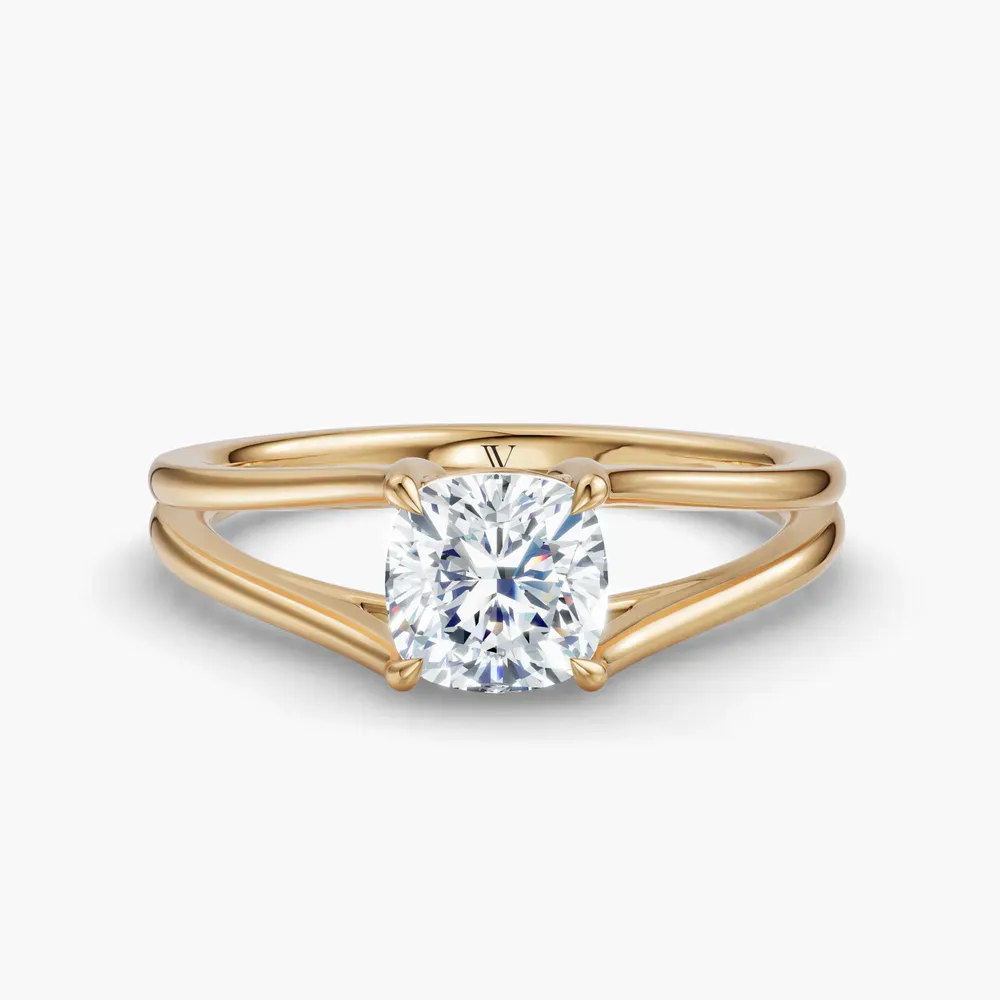 Certified 1 carat Lab Grown Diamond Cushion Cut Split Shank, Solitaire, Low profile Engagement Ring in 14K Yellow Gold-Wraith