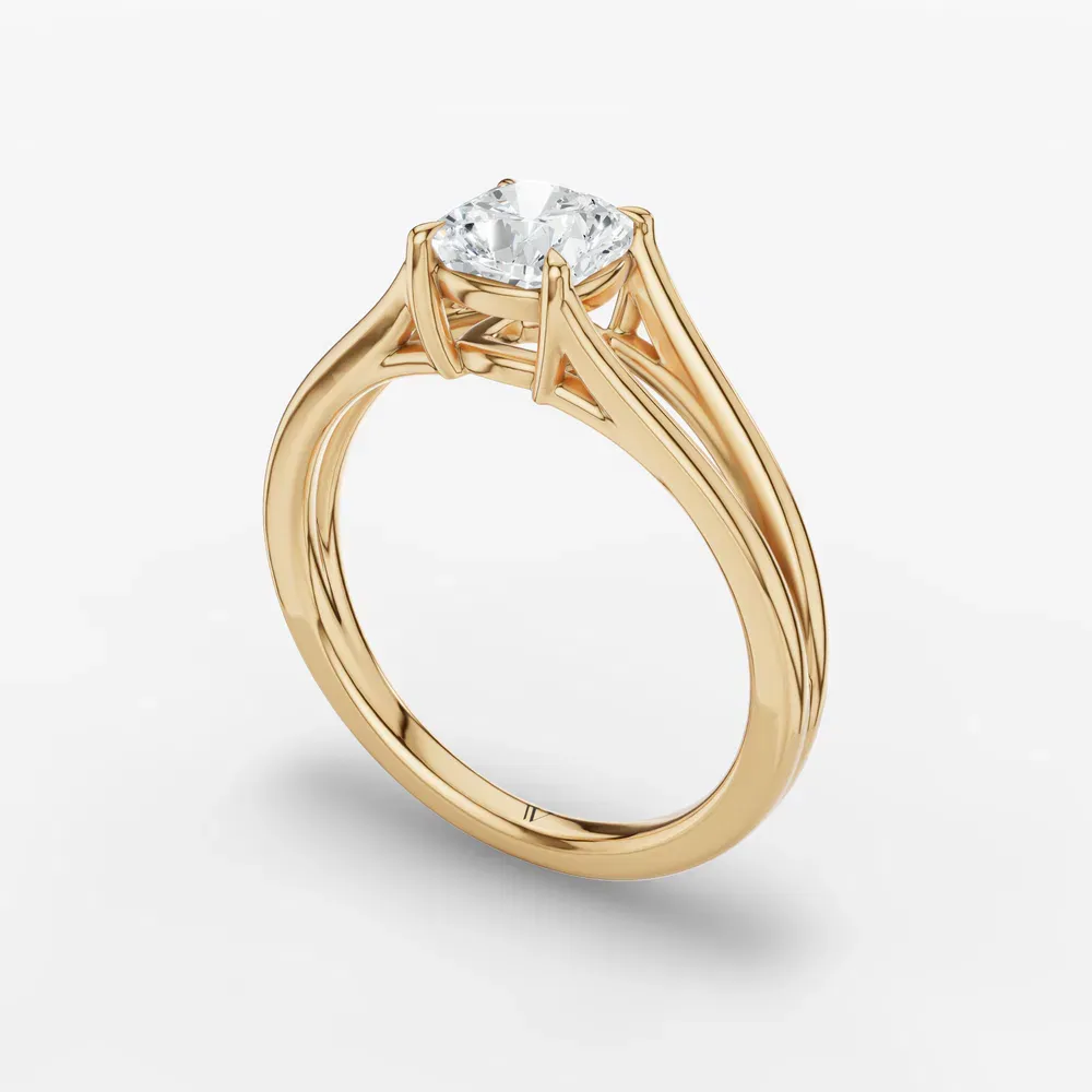 Certified 1 carat Lab Grown Diamond Cushion Cut Split Shank, Solitaire, Low profile Engagement Ring in 14K Yellow Gold-Wraith