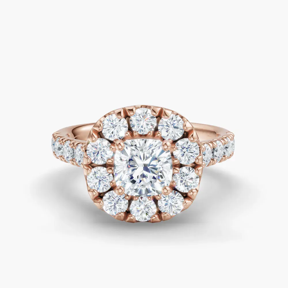 Certified 1 carat Lab Grown Diamond Cushion Cut Halo, Pavé, Cathedral Engagement Ring in 14K Rose Gold-Astrid