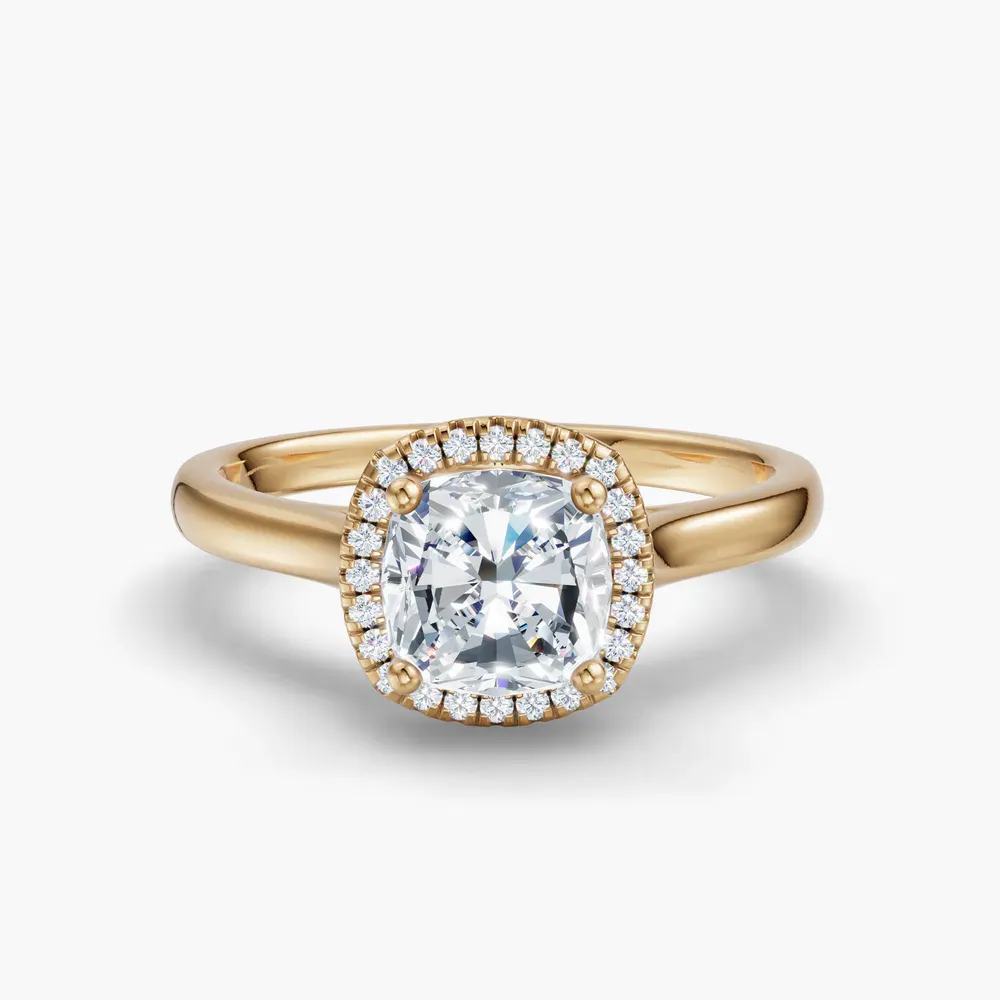 Certified 1 carat Lab Grown Diamond Cushion Cut Halo, Cathedral Engagement Ring in 14K Yellow Gold-Pejr