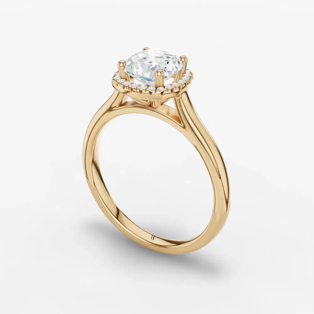 Certified 1 carat Lab Grown Diamond Cushion Cut Halo, Cathedral Engagement Ring in 14K Yellow Gold-Pejr