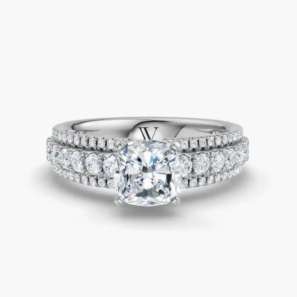 Certified 1 carat Lab Grown Diamond Cushion Cut Pavé Engagement Ring in 14K White Gold-Riven