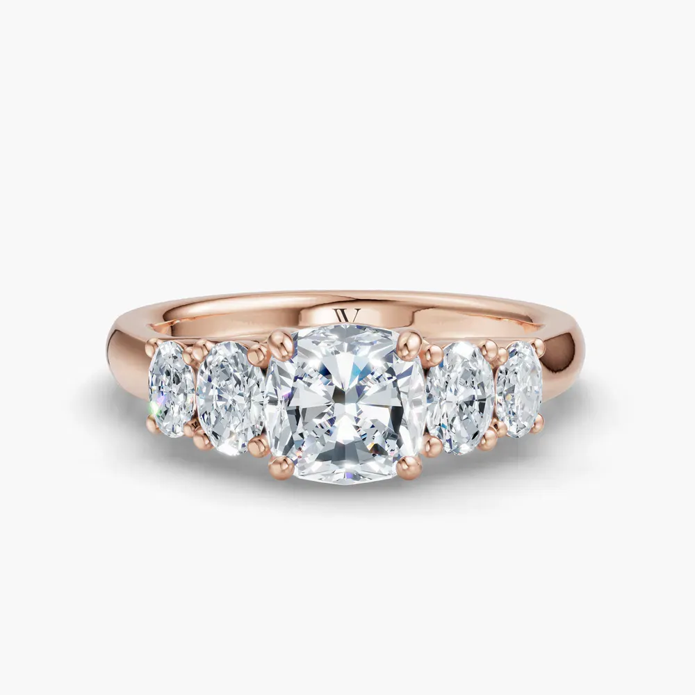 Certified 1 carat Lab Grown Diamond Cushion Cut Five Stone, Side Stone Engagement Ring in 14K Rose Gold-Elyx