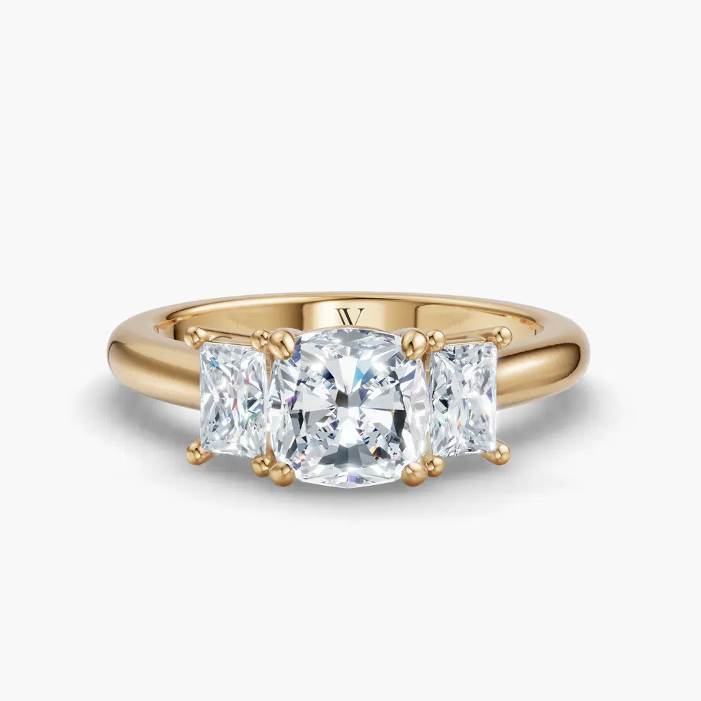 Certified 1 carat Lab Grown Diamond Cushion Cut Three Stone, Side Stone Engagement Ring in 14K Yellow Gold-Dravon