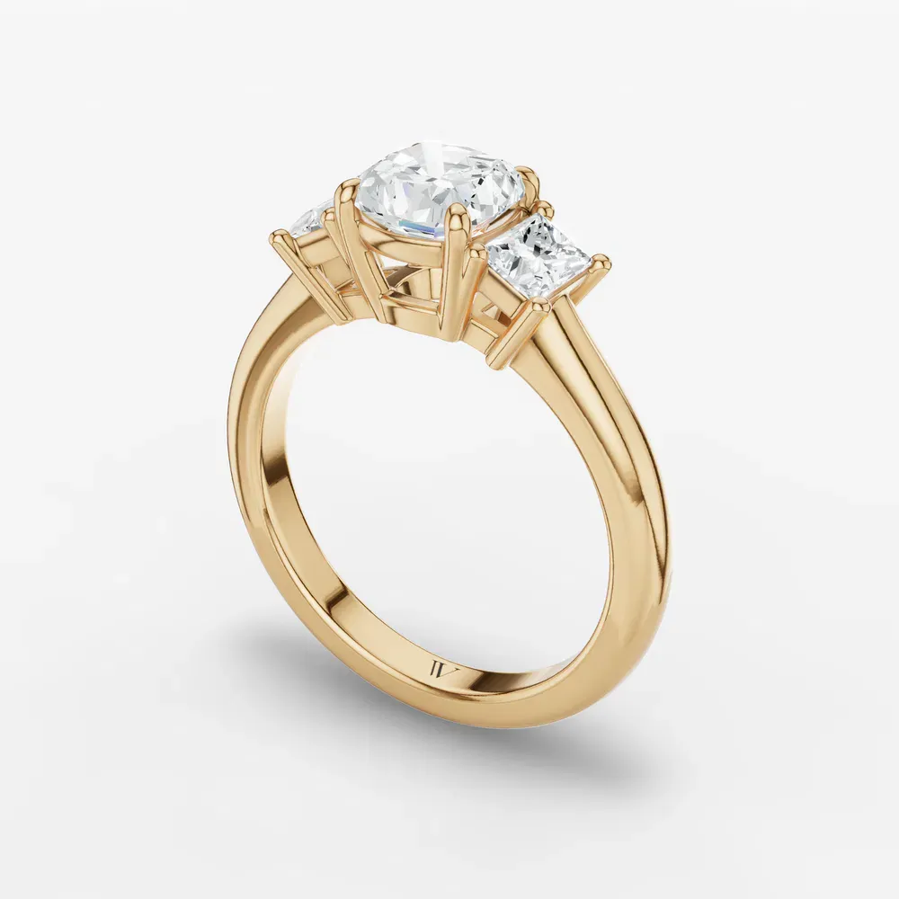 Certified 1 carat Lab Grown Diamond Cushion Cut Three Stone, Side Stone Engagement Ring in 14K Yellow Gold-Dravon
