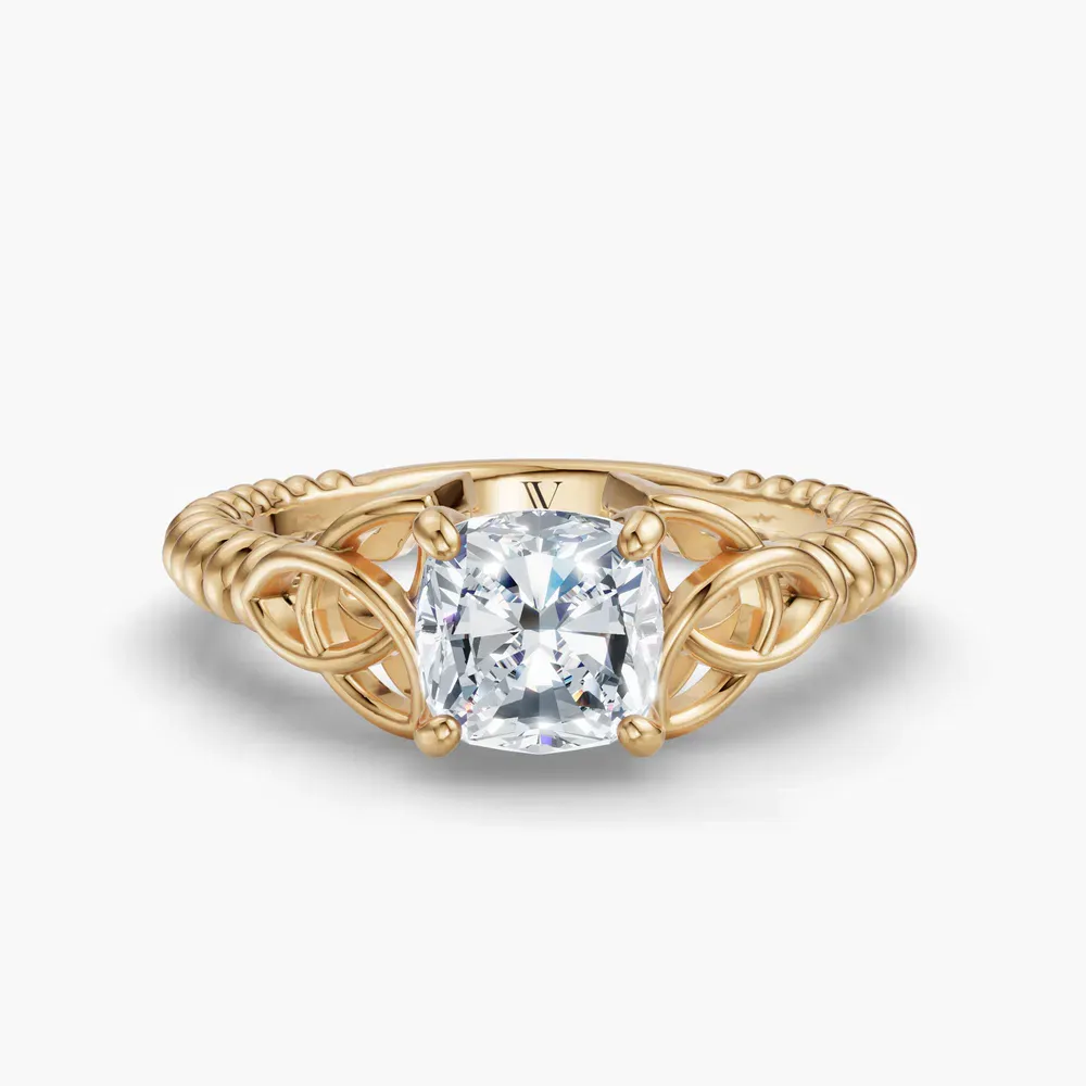 Certified 1 carat Lab Grown Diamond Cushion Cut Solitaire, Twist, Celtic Engagement Ring in 14K Yellow Gold-Thalyn