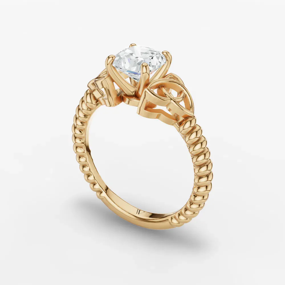 Certified 1 carat Lab Grown Diamond Cushion Cut Solitaire, Twist, Celtic Engagement Ring in 14K Yellow Gold-Thalyn