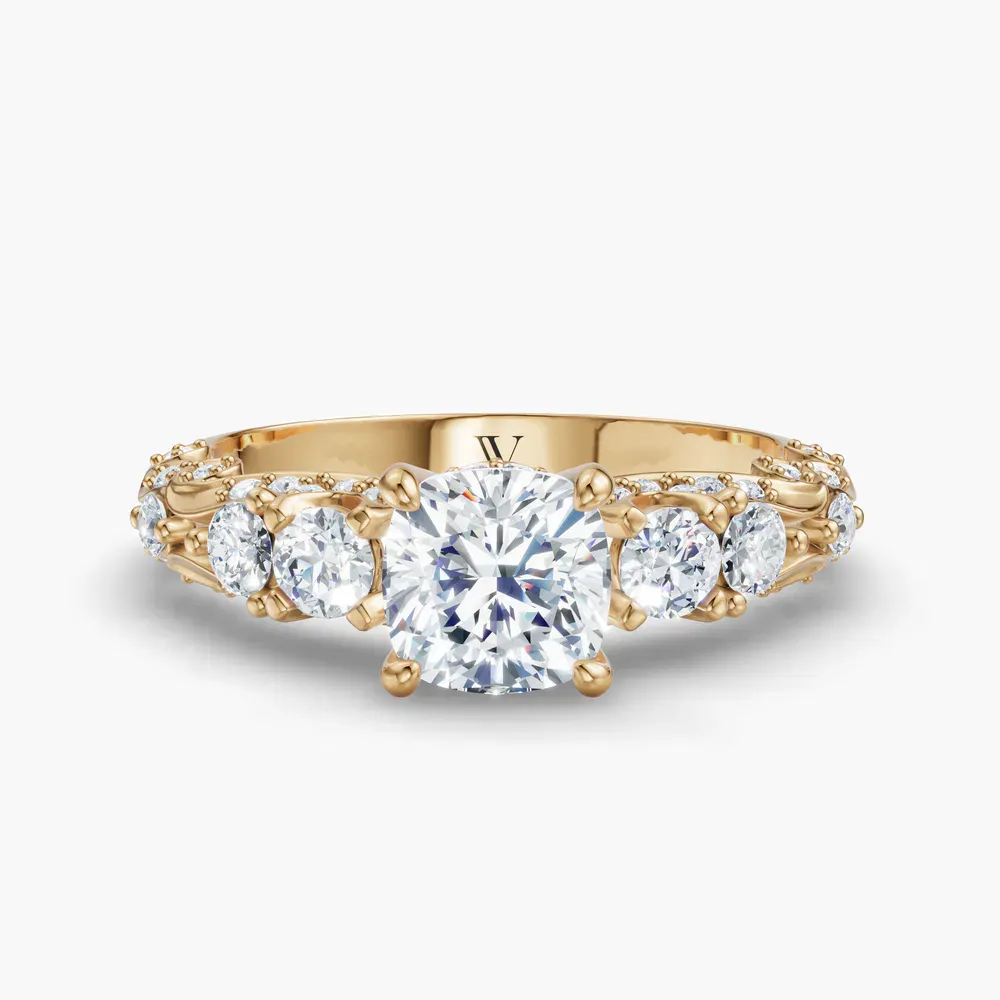 Certified 1 carat Lab Grown Diamond Cushion Cut Hidden Halo, Unique, Side Stone Engagement Ring in 14K Yellow Gold-Marinia