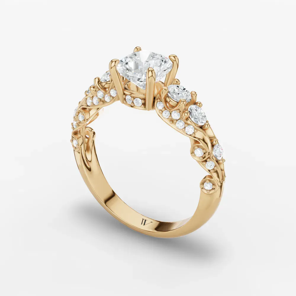 Certified 1 carat Lab Grown Diamond Cushion Cut Hidden Halo, Unique, Side Stone Engagement Ring in 14K Yellow Gold-Marinia