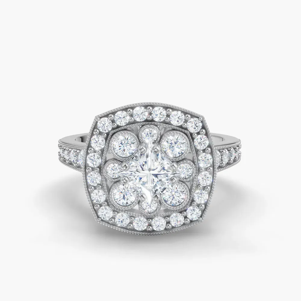 Certified 0.5 carat Lab Grown Diamond Princess Cut Vintage, Double halo, Cluster Engagement Ring in 14K White Gold-Isolde